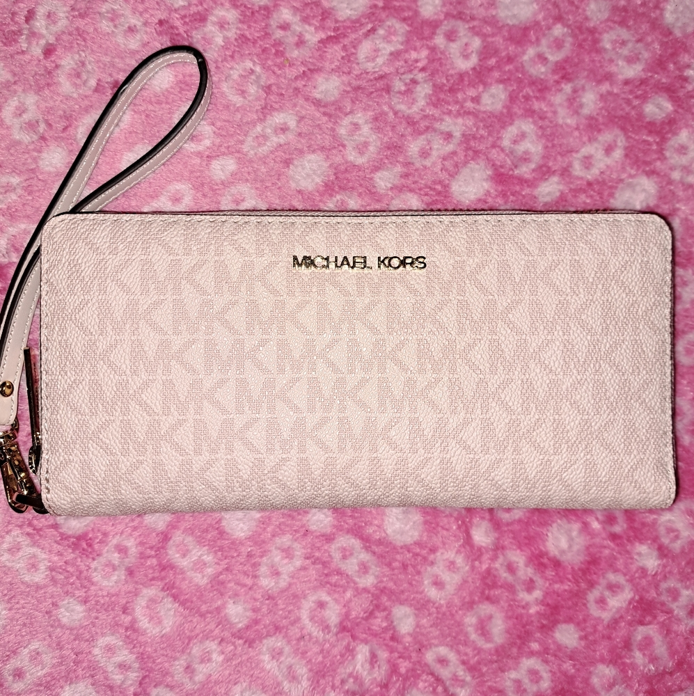 Michael Kors Jet Set Travel Large MK Continental Wristlet Dark Powder Blush Pink